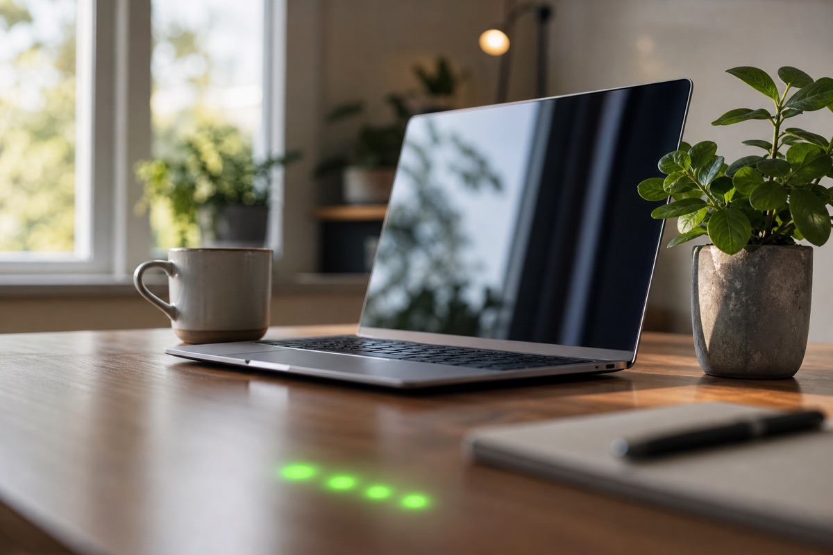 Desk with a laptop showing a green presence indicator