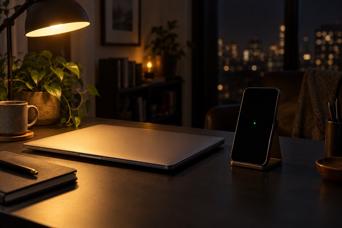 Closed laptop on a desk at night with a phone showing a small green dot