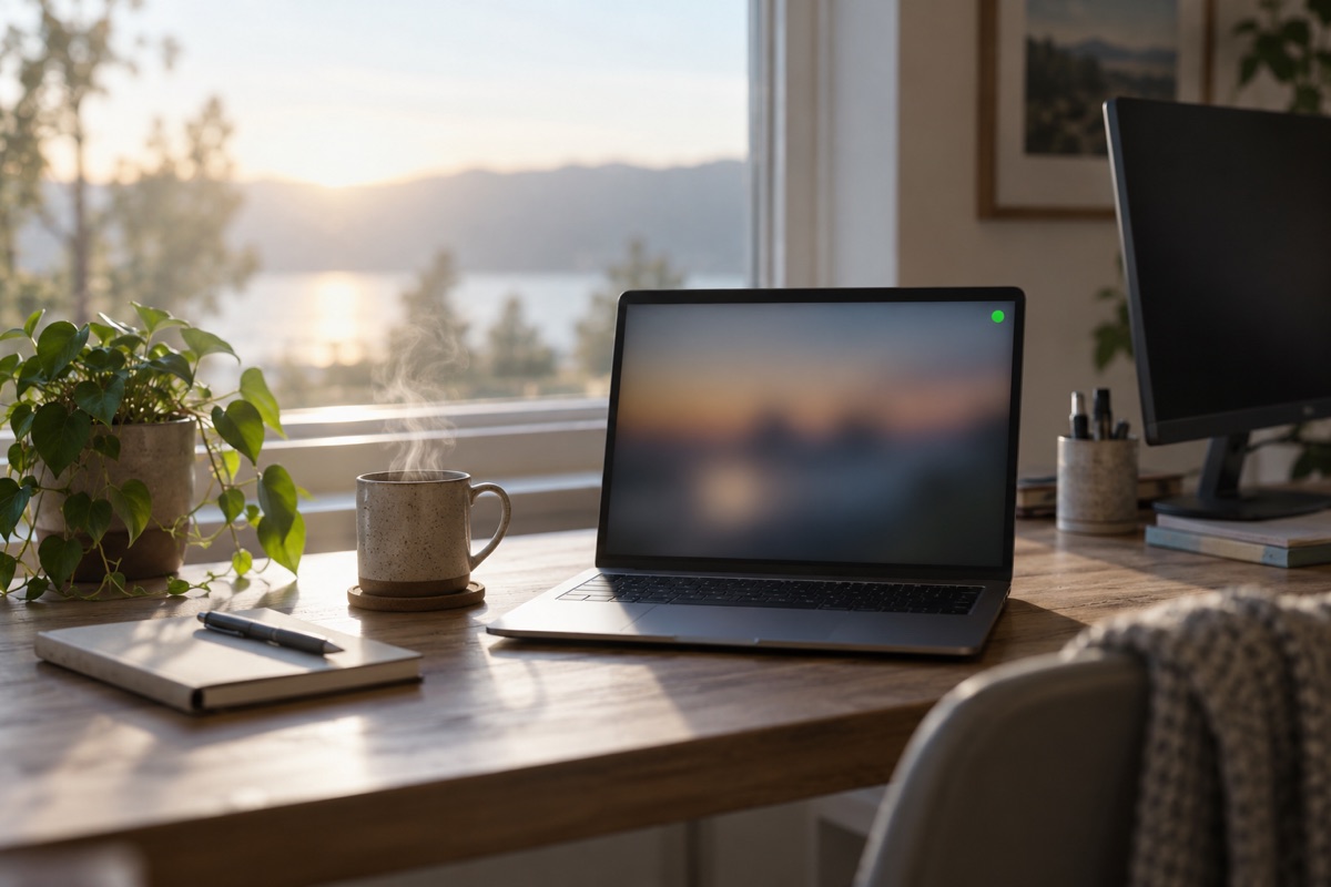 Desk by a window in morning light with a laptop, coffee, and a small green dot on the screen