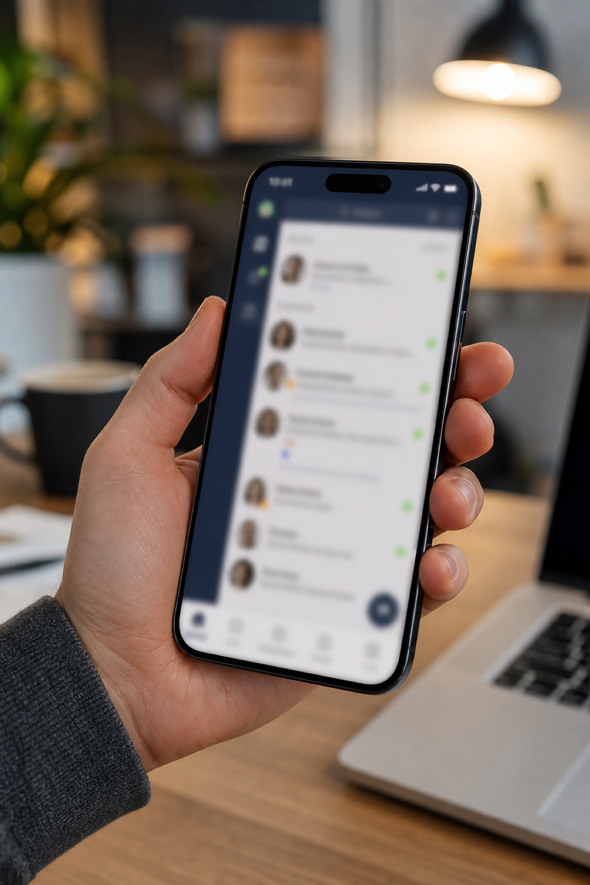 Phone showing a workplace chat app with a green status dot