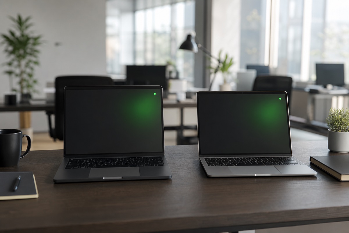 Two laptops on a desk, both showing green presence indicators
