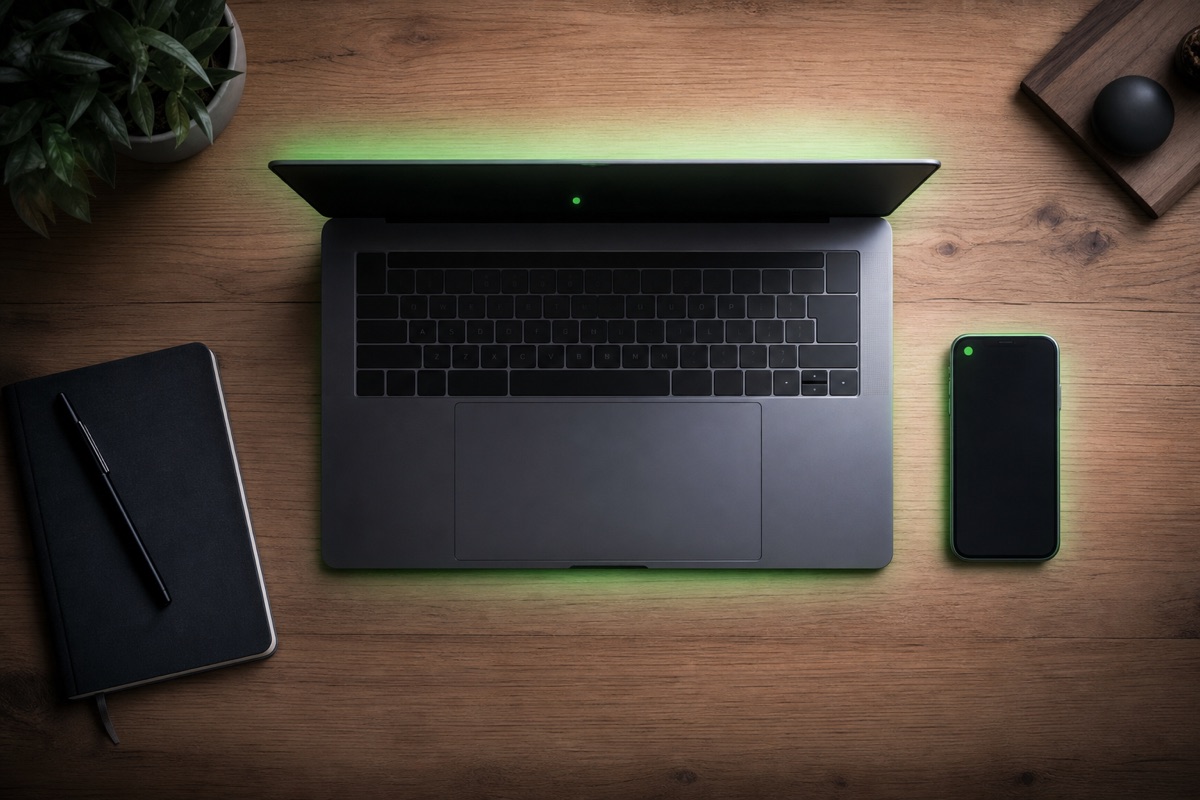 Laptop and phone on a desk with a soft green glow
