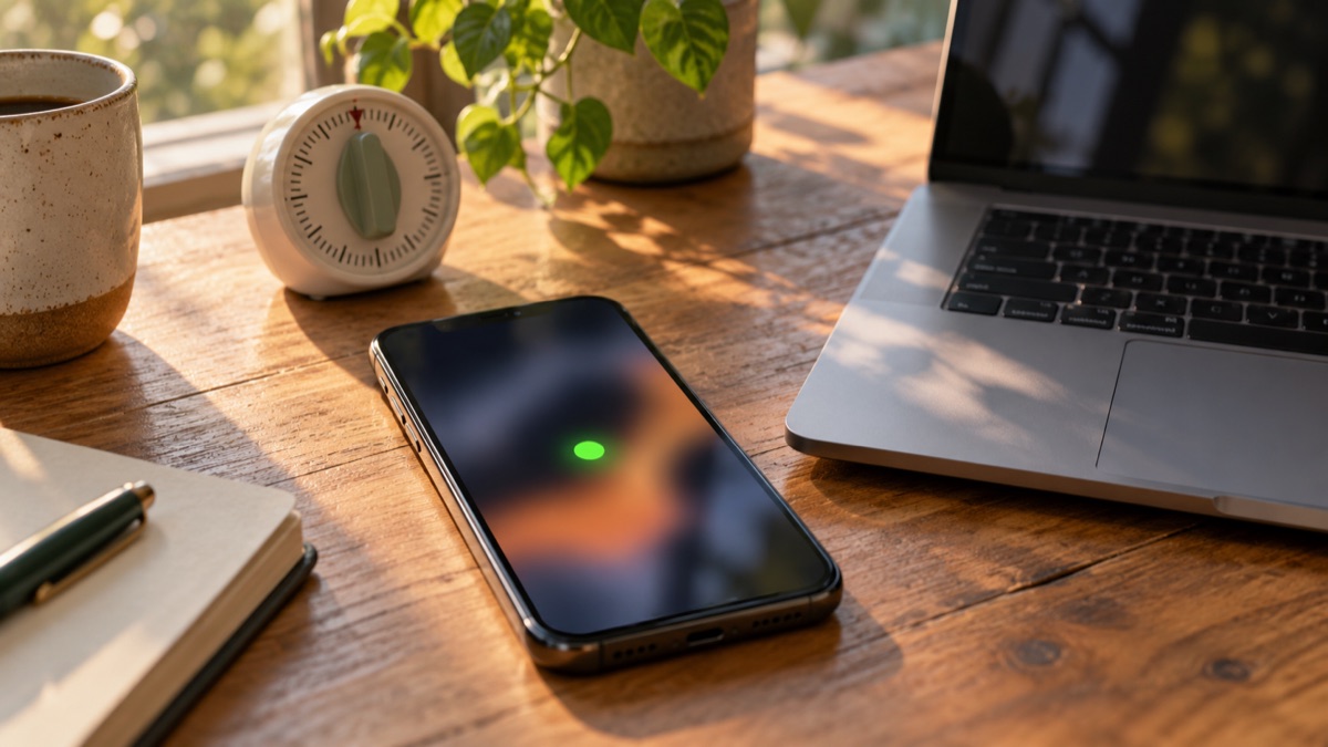 Phone with a small green dot next to a laptop and a kitchen timer