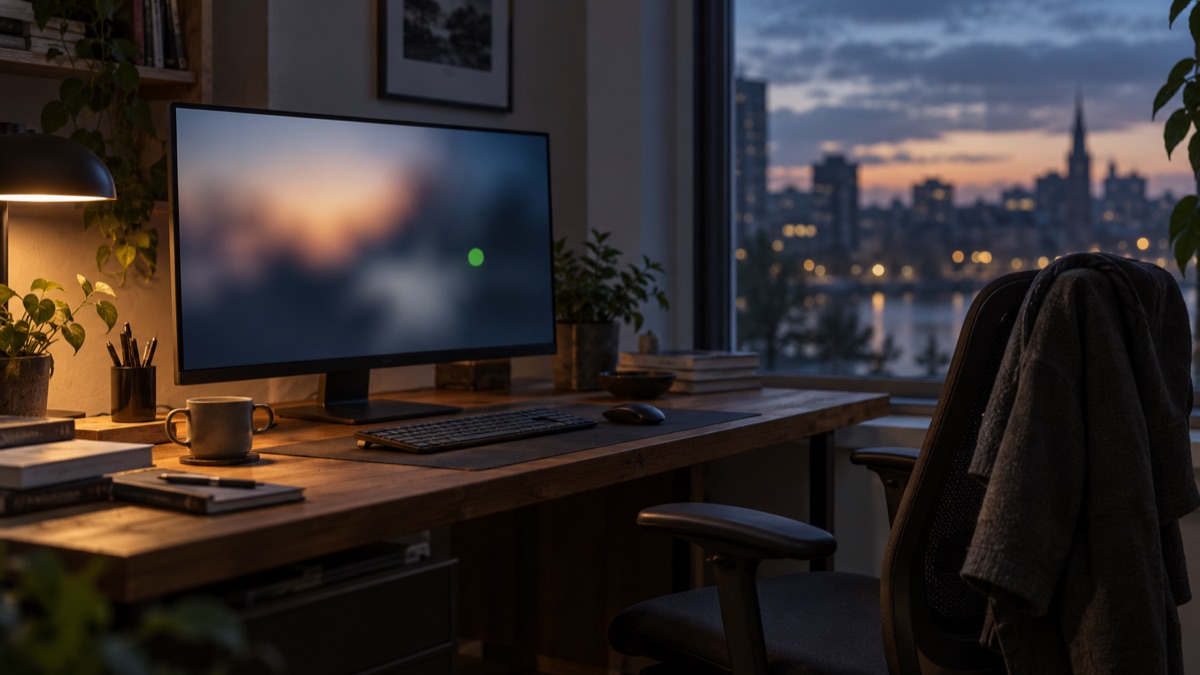 Empty office chair at dusk with a small green dot on the monitor