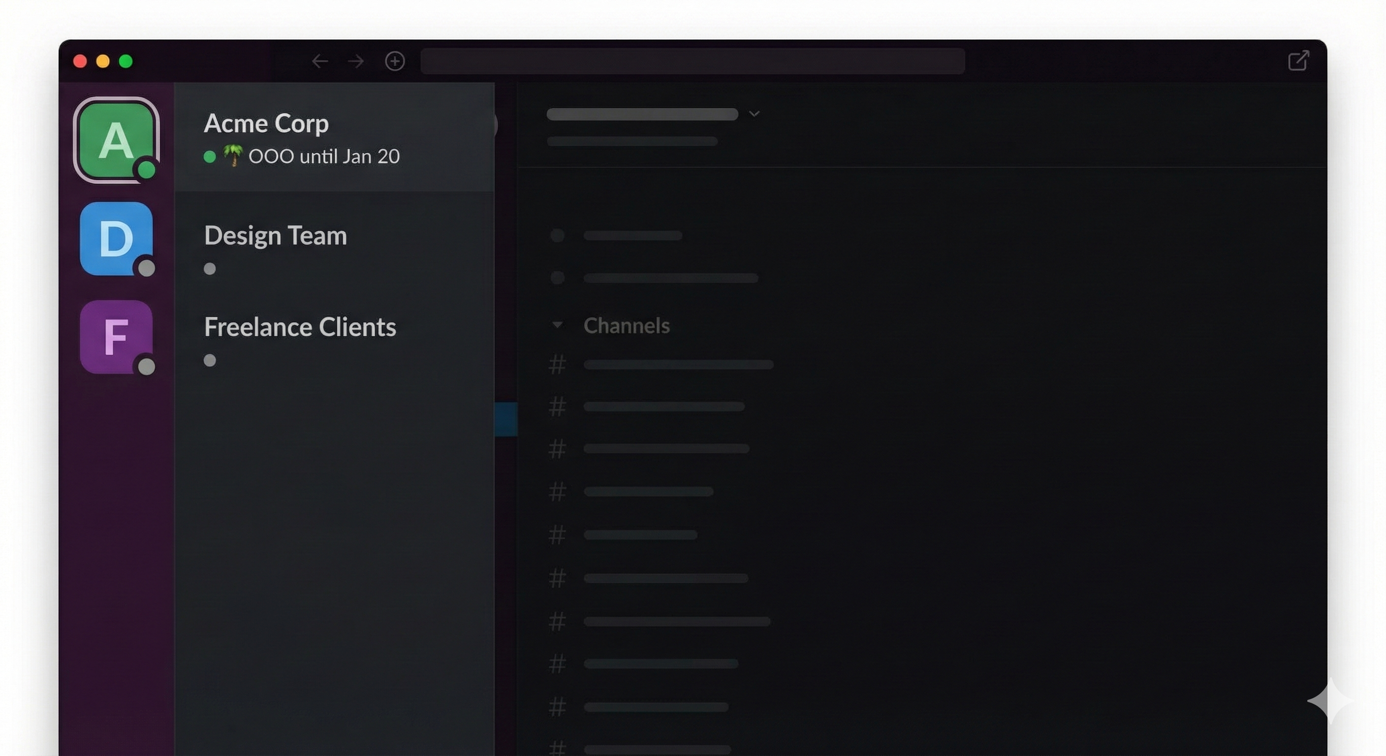 Slack workspace switcher showing three workspaces stacked vertically: Acme Corp with status OOO until Jan 20, Design Team with no status set, Freelance Clients with no status set - illustrating that status must be set per workspace