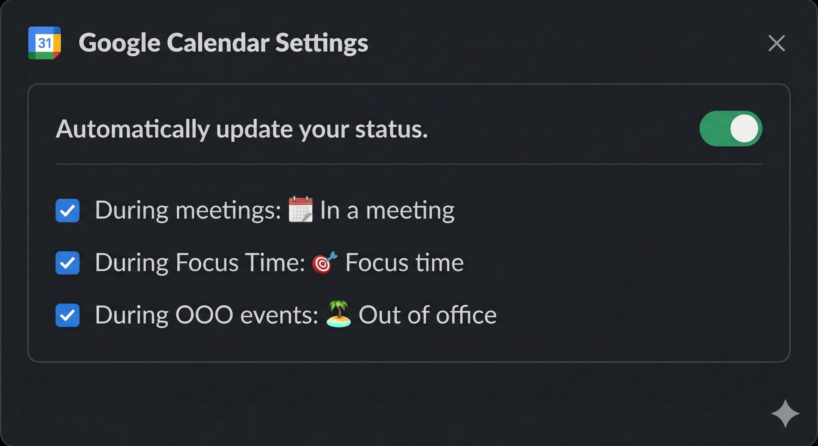 Google Calendar Slack app settings showing Automatically update your status toggle enabled, with options: During meetings: In a meeting, During Focus Time: Focus time, During OOO events: Out of office each with checkboxes