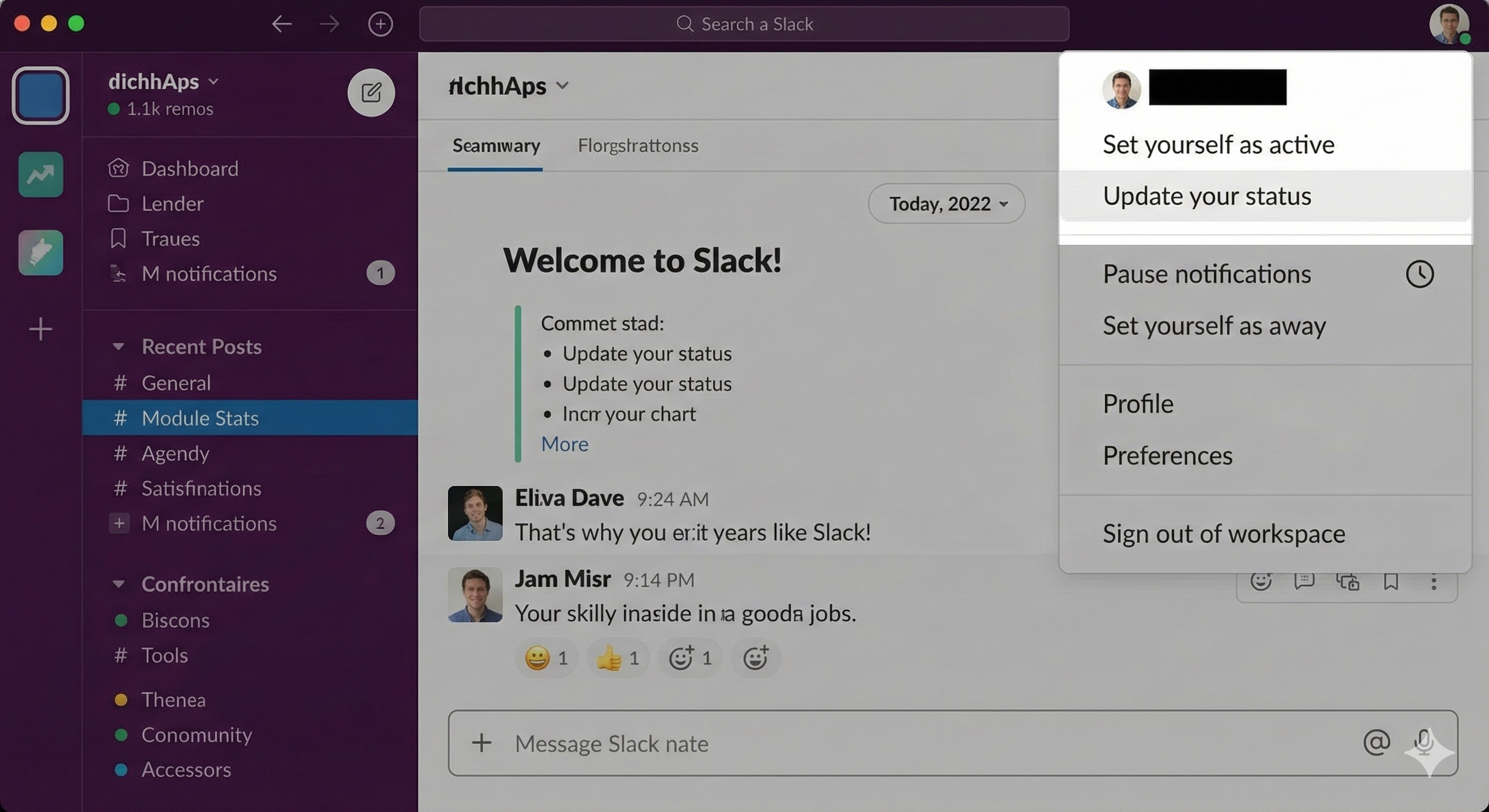 Slack profile dropdown menu showing options: Set yourself as active, Update your status (highlighted), Pause notifications, Set yourself as away, Profile, Preferences, and Sign out of workspace