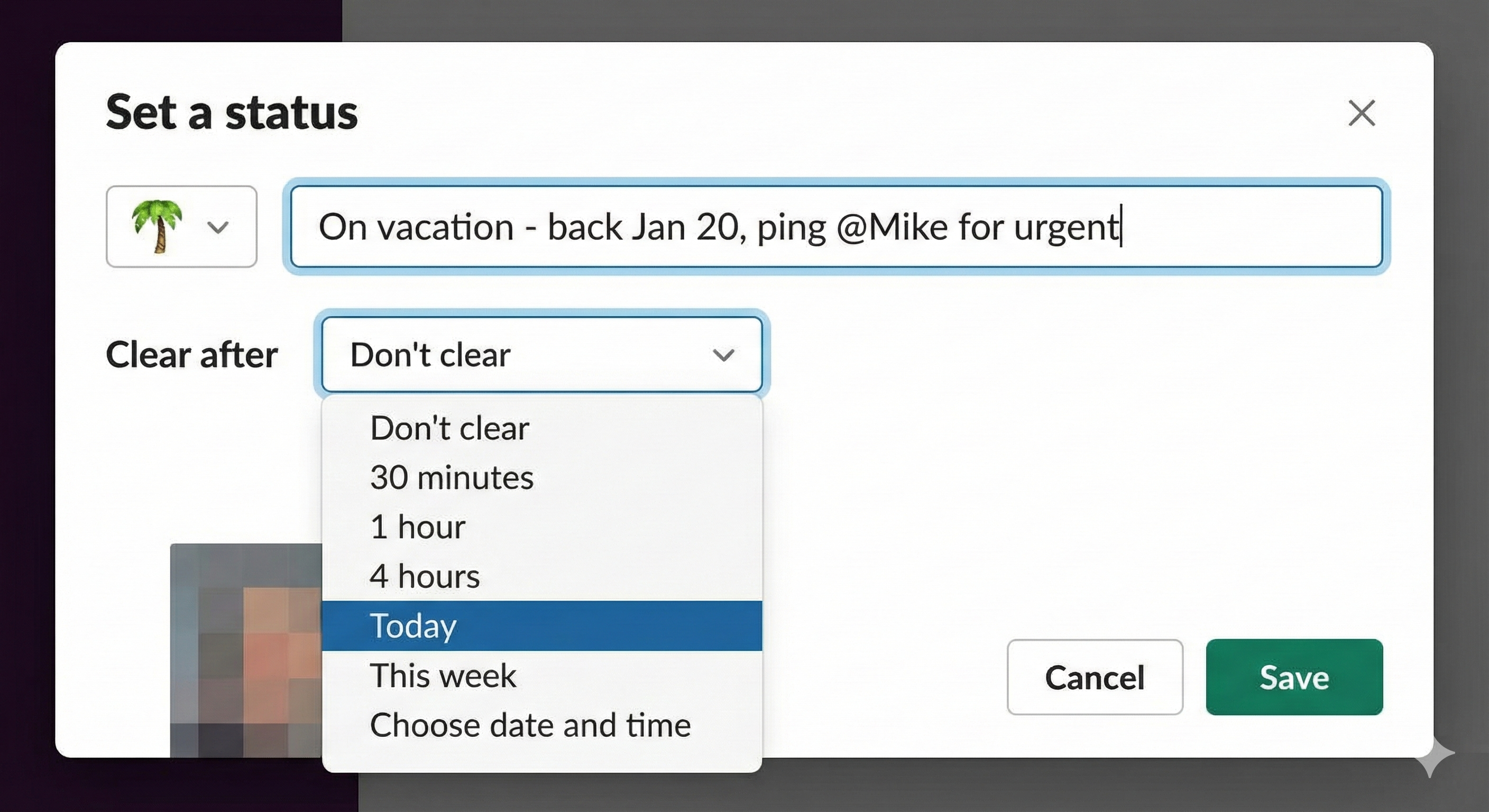 Slack status editor modal with emoji picker showing palm tree selected, text field containing 'On vacation - back Jan 20, ping @Mike for urgent', and Clear after dropdown expanded showing options