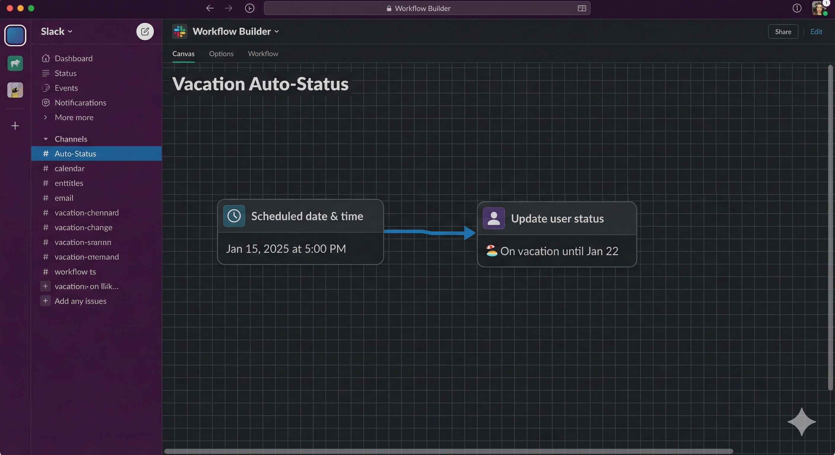 Slack Workflow Builder canvas showing a workflow named Vacation Auto-Status with trigger Scheduled date and time: Jan 15, 2025 at 5:00 PM connected to action step Update user status: On vacation until Jan 22