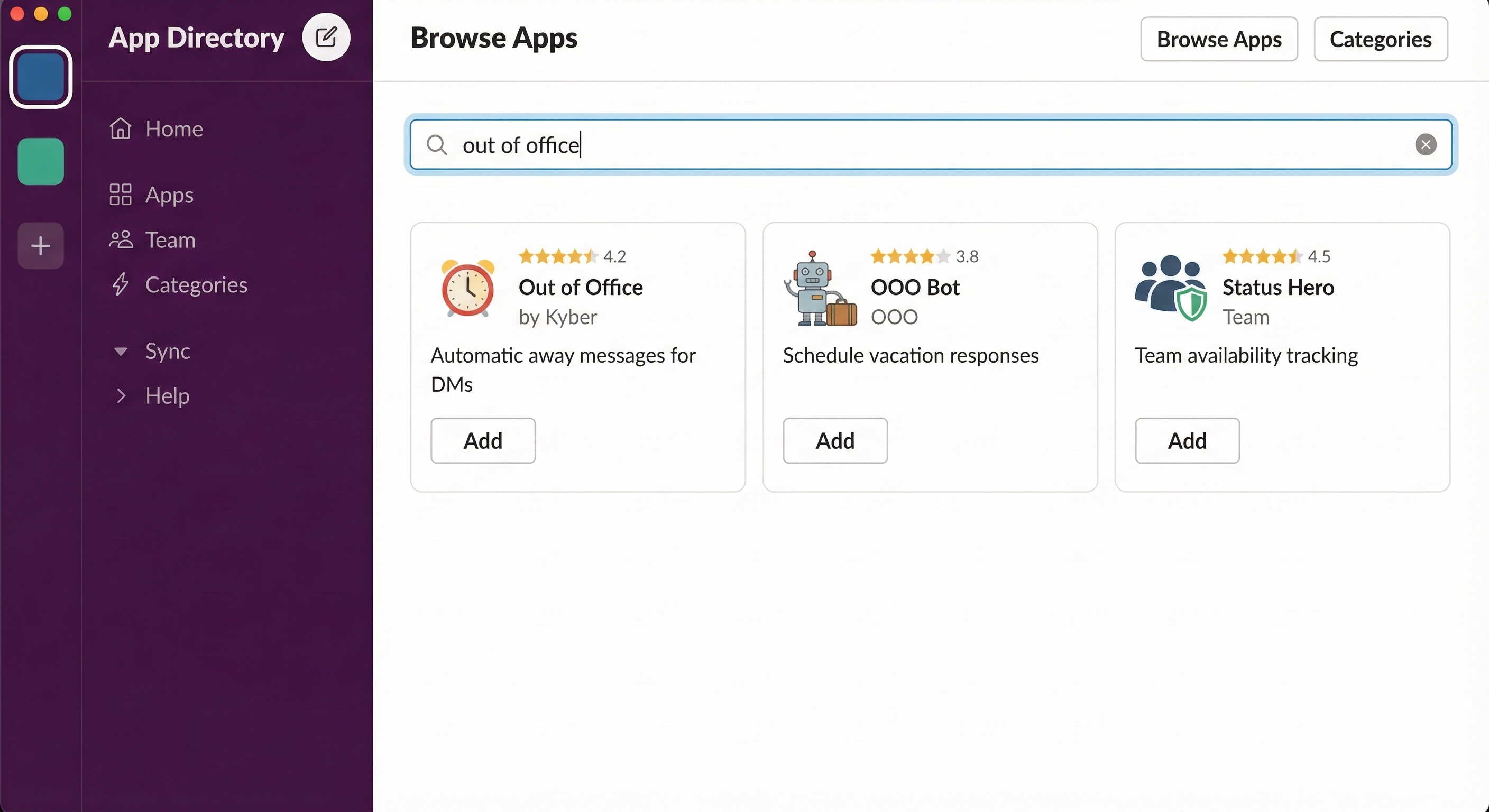 Slack App Directory page showing search results for out of office with app cards: Out of Office by Kyber, OOO Bot, and Status Hero with ratings and descriptions