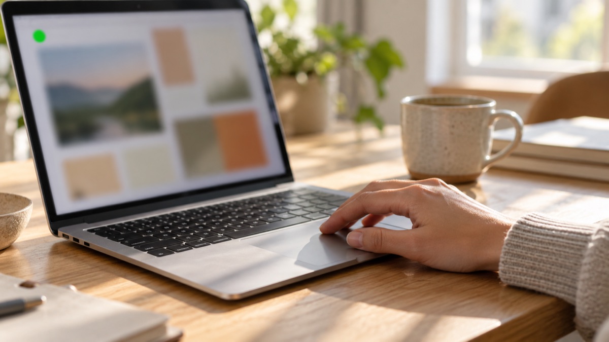 Hand on a laptop trackpad with a small green dot on screen