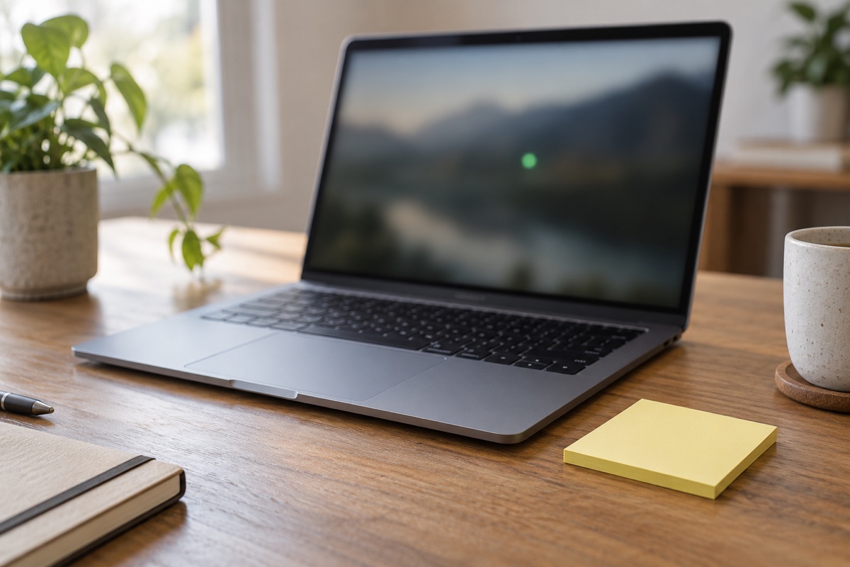 Laptop on a desk with a small green dot and a yellow sticky note beside it