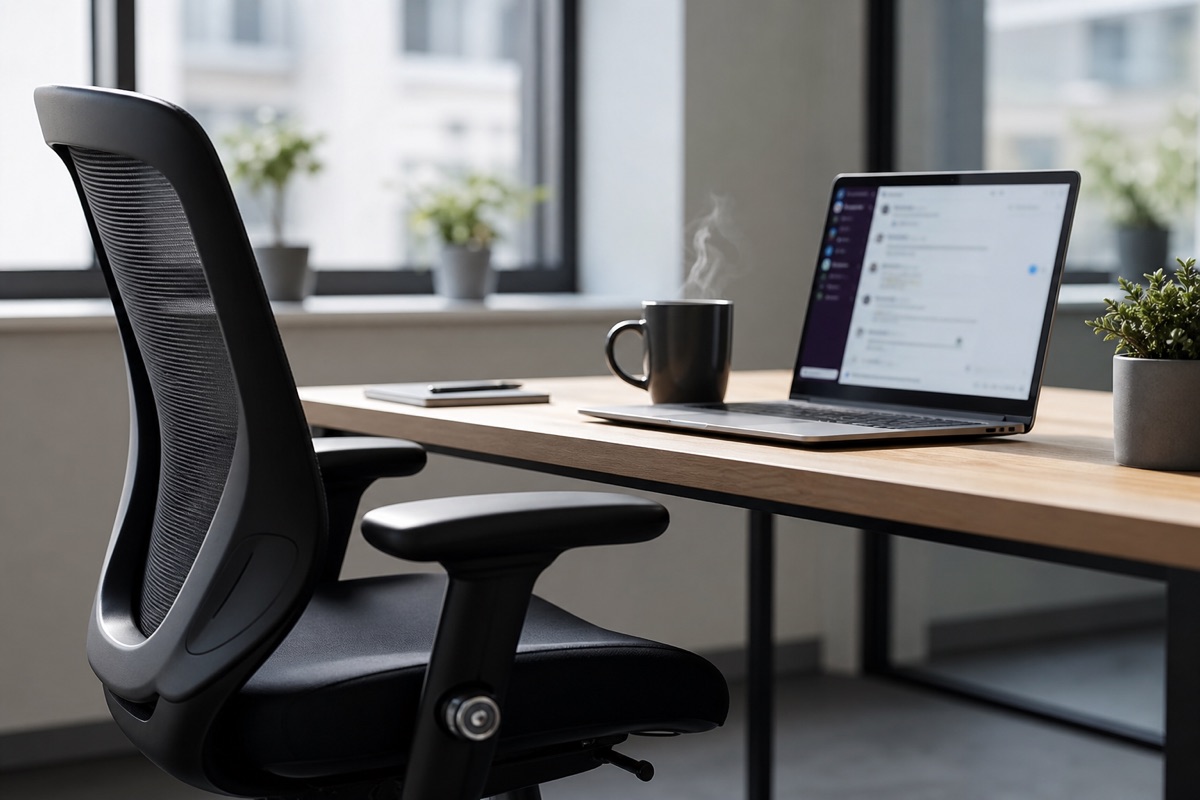 Desk with laptop left open and coffee still steaming